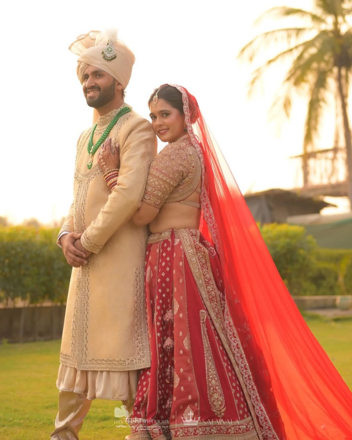 Classic groom pagdi styled with a red ceremonial stole for baraat pagri service in Hyderabad